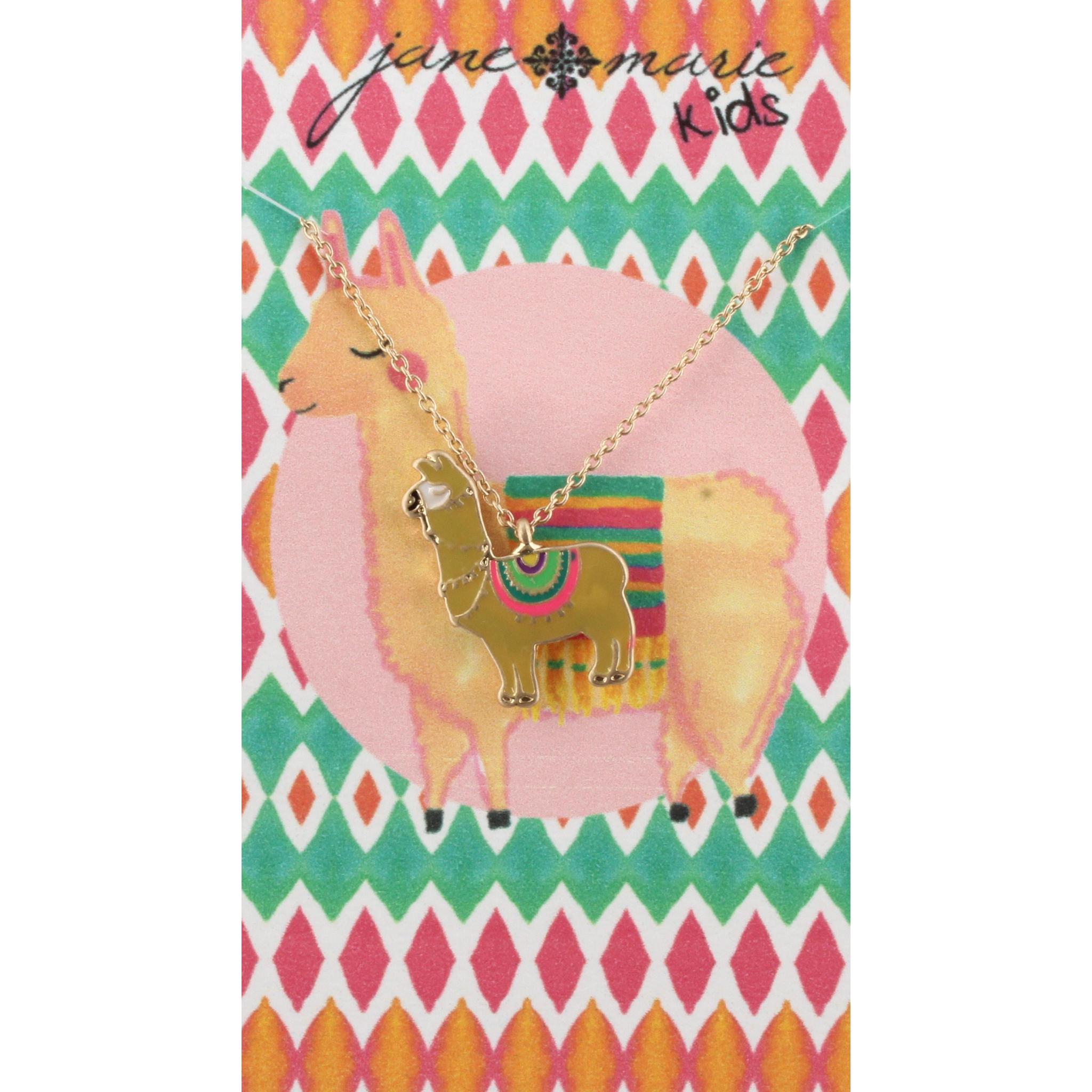 14" Kids Chain Necklace with Brown Llama with Colorful Quilt, 3" Ext