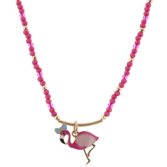 14" Kids Multi Beaded Necklace with Gold Bar and Flamingo, 3" Ext