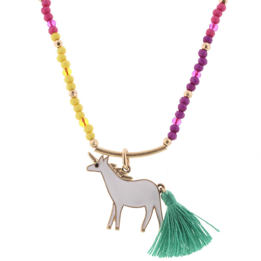 14" Kids Multi Beaded Necklace with Gold Bar and Unicorn with Tassel Tail, 3" Ext