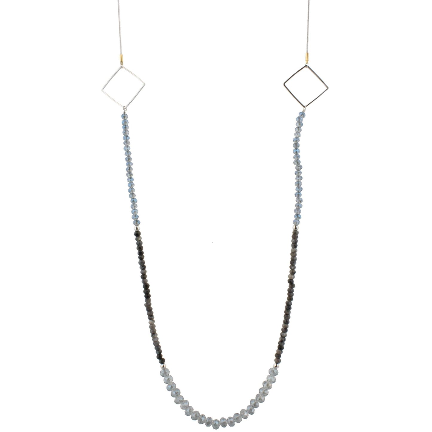 48" Blue and Labrodite Beaded Necklace with Square Stations