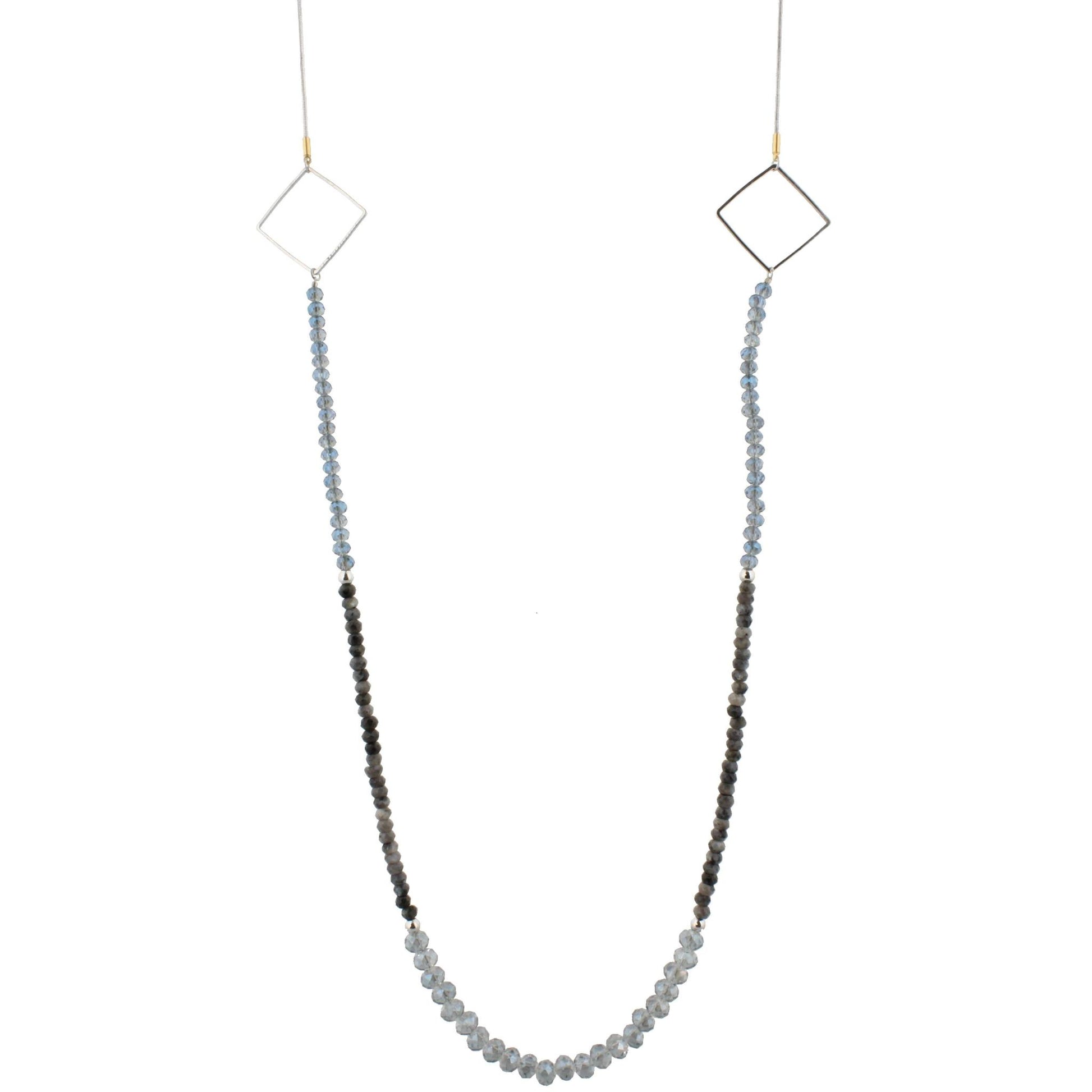 48" Blue and Labrodite Beaded Necklace with Square Stations
