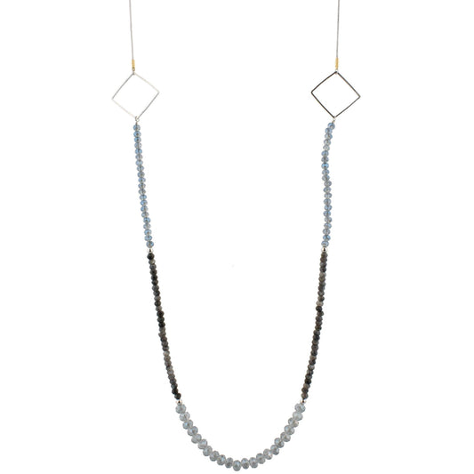 48" Blue and Labrodite Beaded Necklace with Square Stations