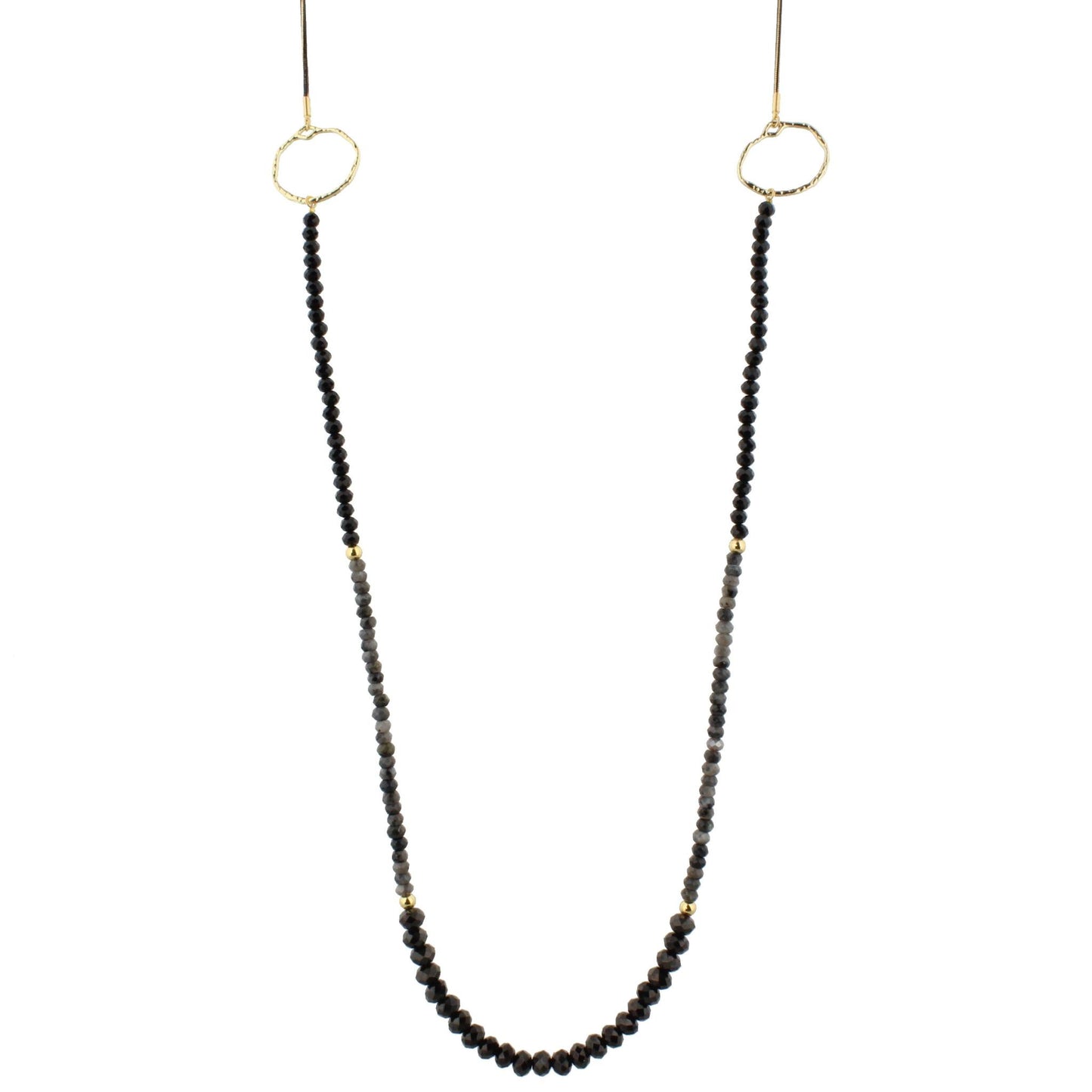 48" Jet and Labrodite Beaded Necklace with Round Stations