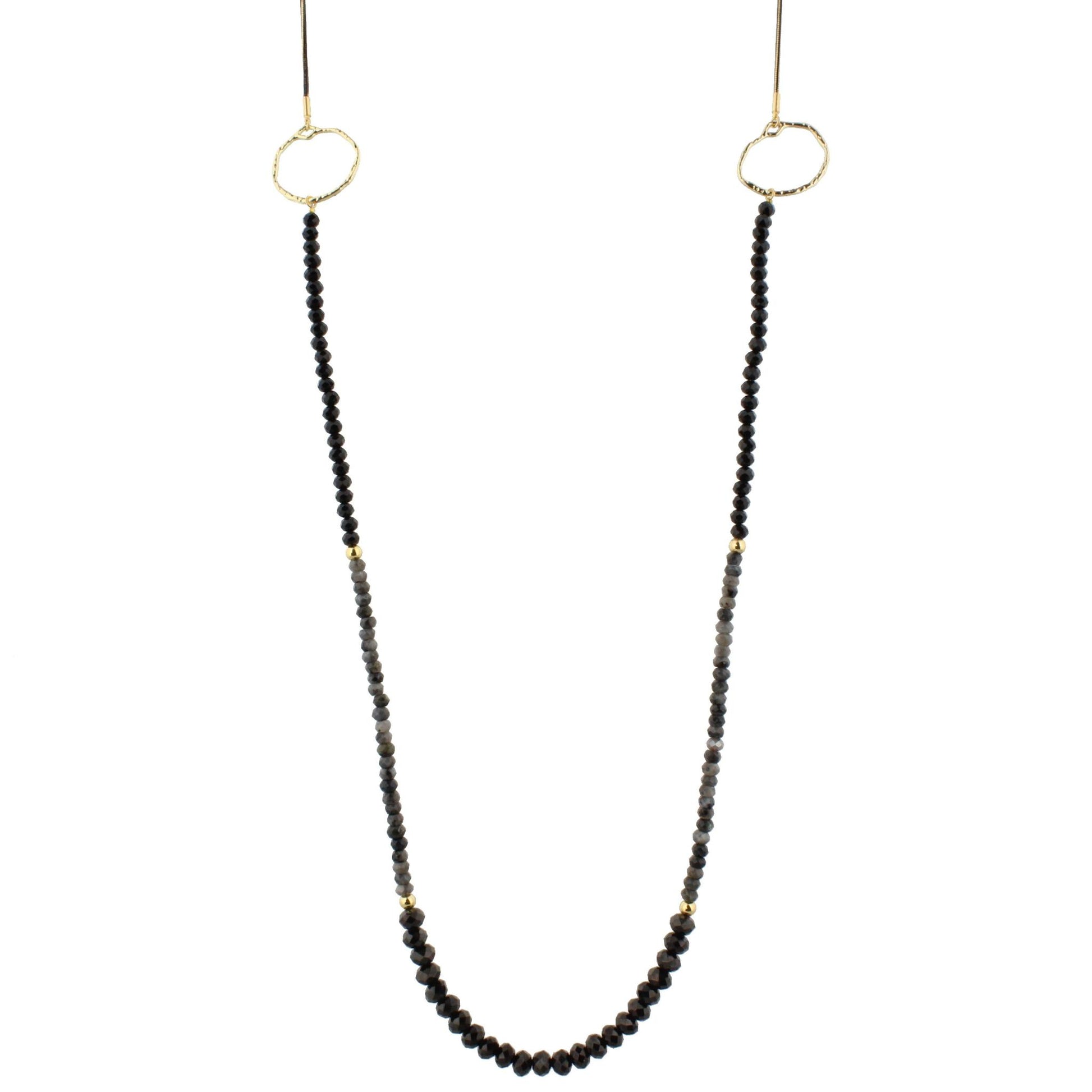 48" Jet and Labrodite Beaded Necklace with Round Stations