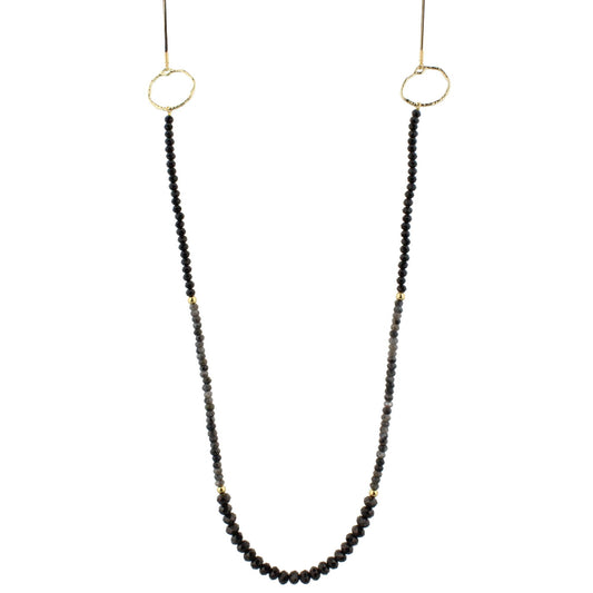 48" Jet and Labrodite Beaded Necklace with Round Stations