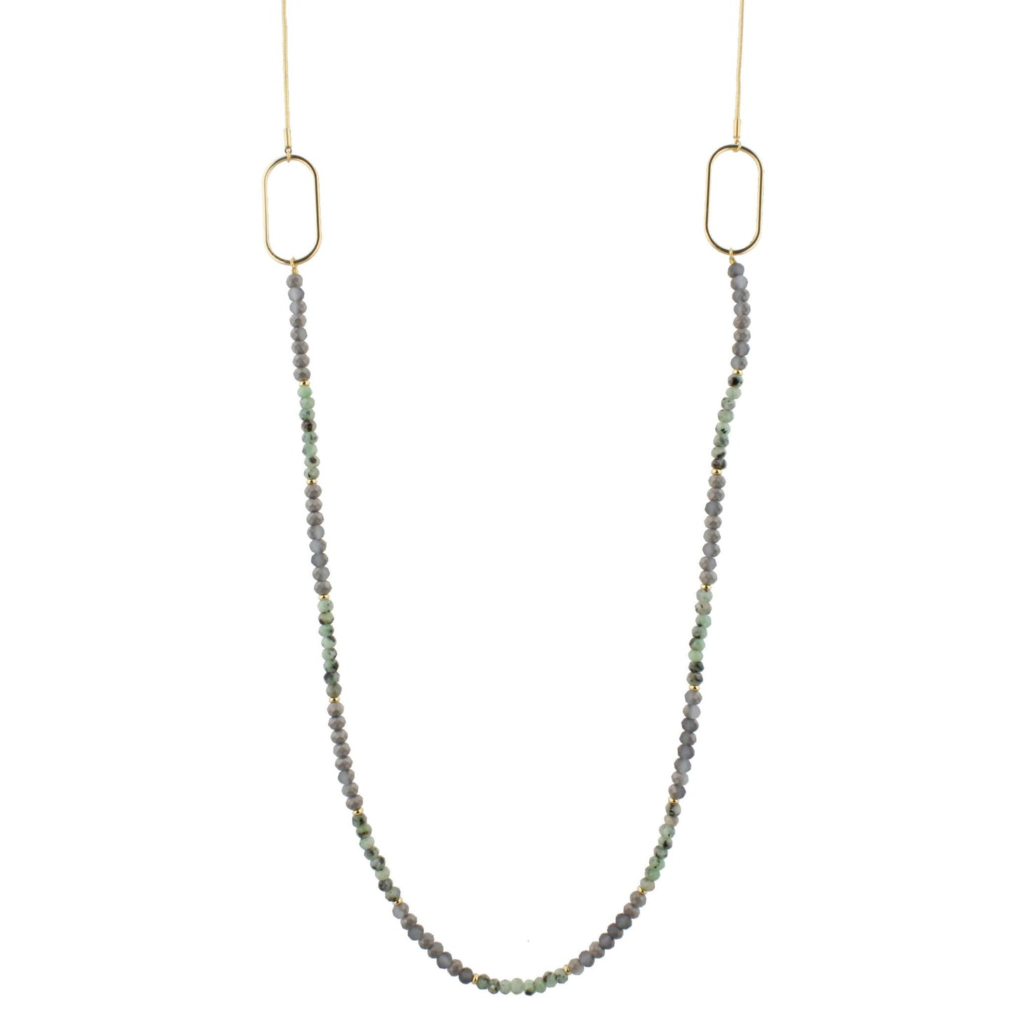 48" Matte Grey and Green Labrodite Beaded Necklace with Oval Stations