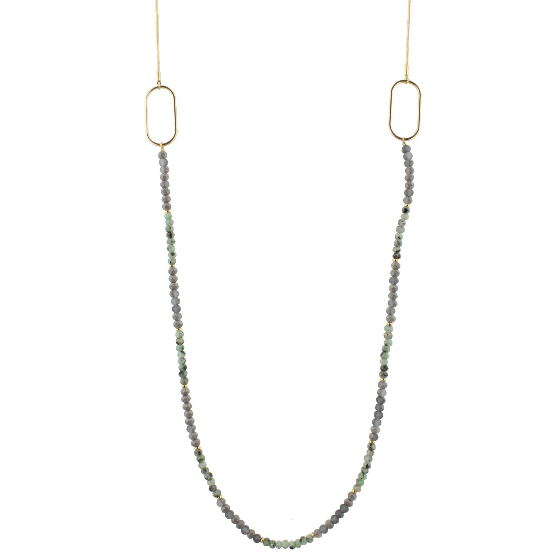 48" Matte Grey and Green Labrodite Beaded Necklace with Oval Stations