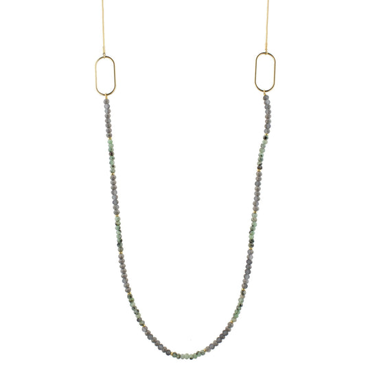 48" Matte Grey and Green Labrodite Beaded Necklace with Oval Stations