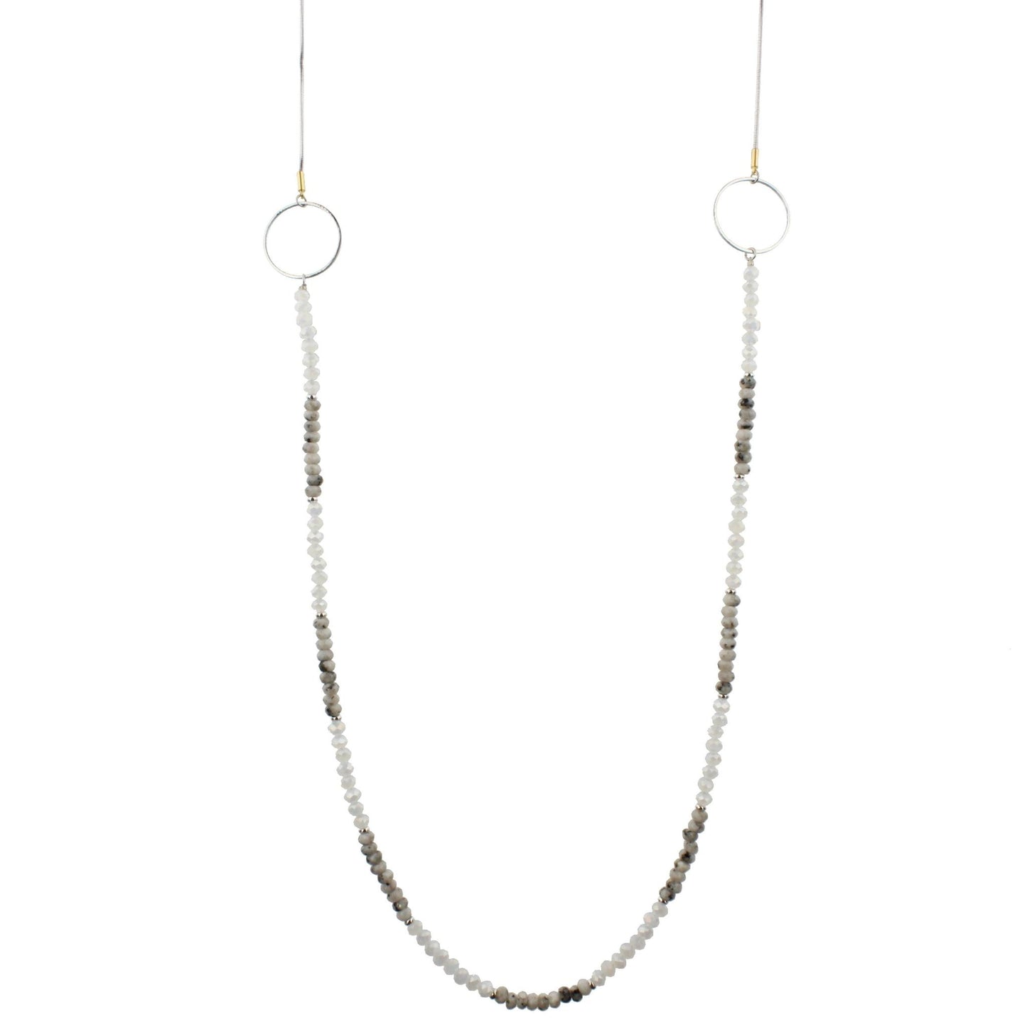 48" Light Grey and Moon Labrodite Beaded Necklace with Circle Stations