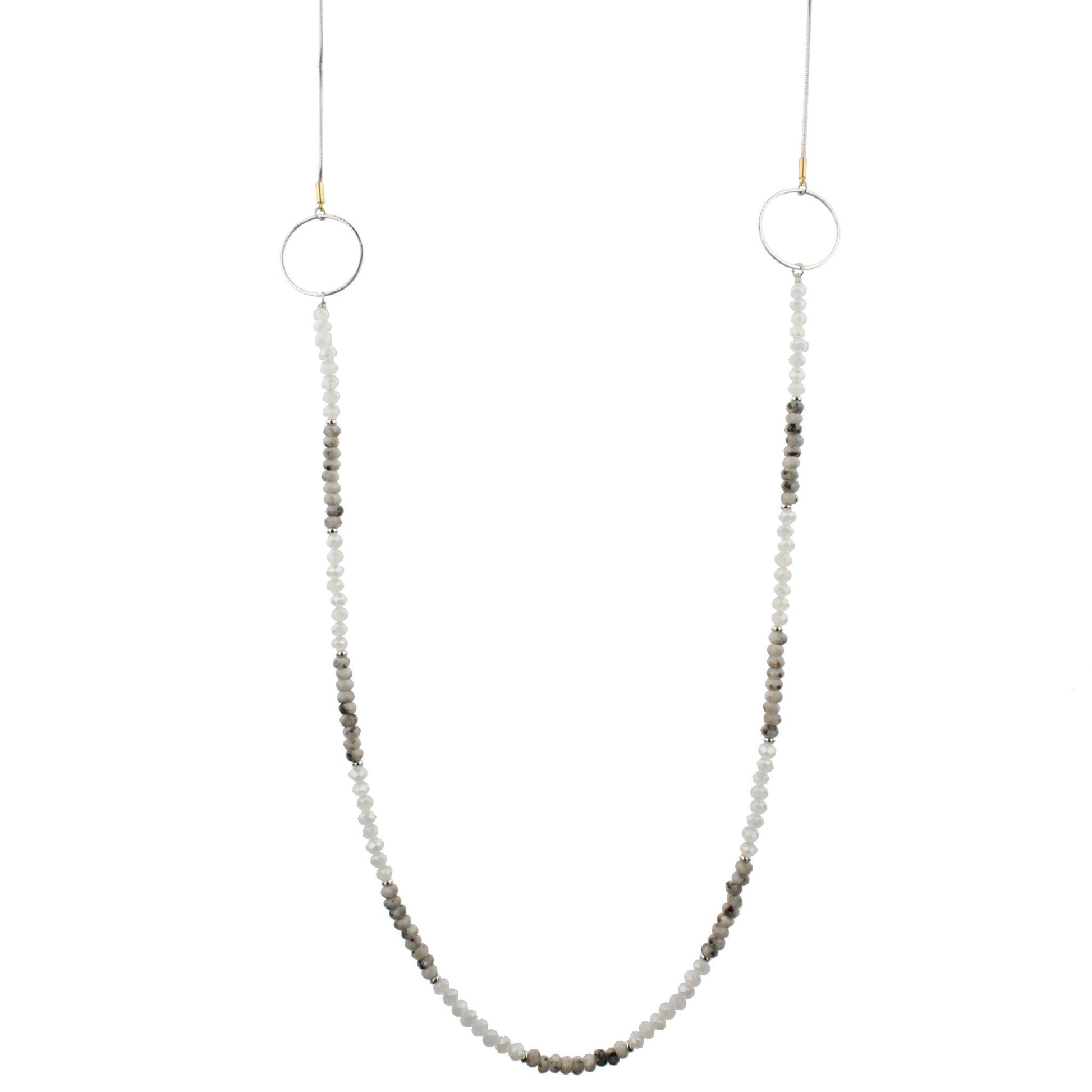 48" Light Grey and Moon Labrodite Beaded Necklace with Circle Stations