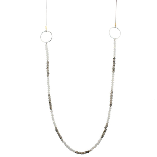 48" Light Grey and Moon Labrodite Beaded Necklace with Circle Stations