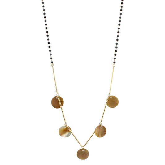 30" Delicate Matte Black/Grey Beaded Necklace with Shell Disk Accents, 3" Ext