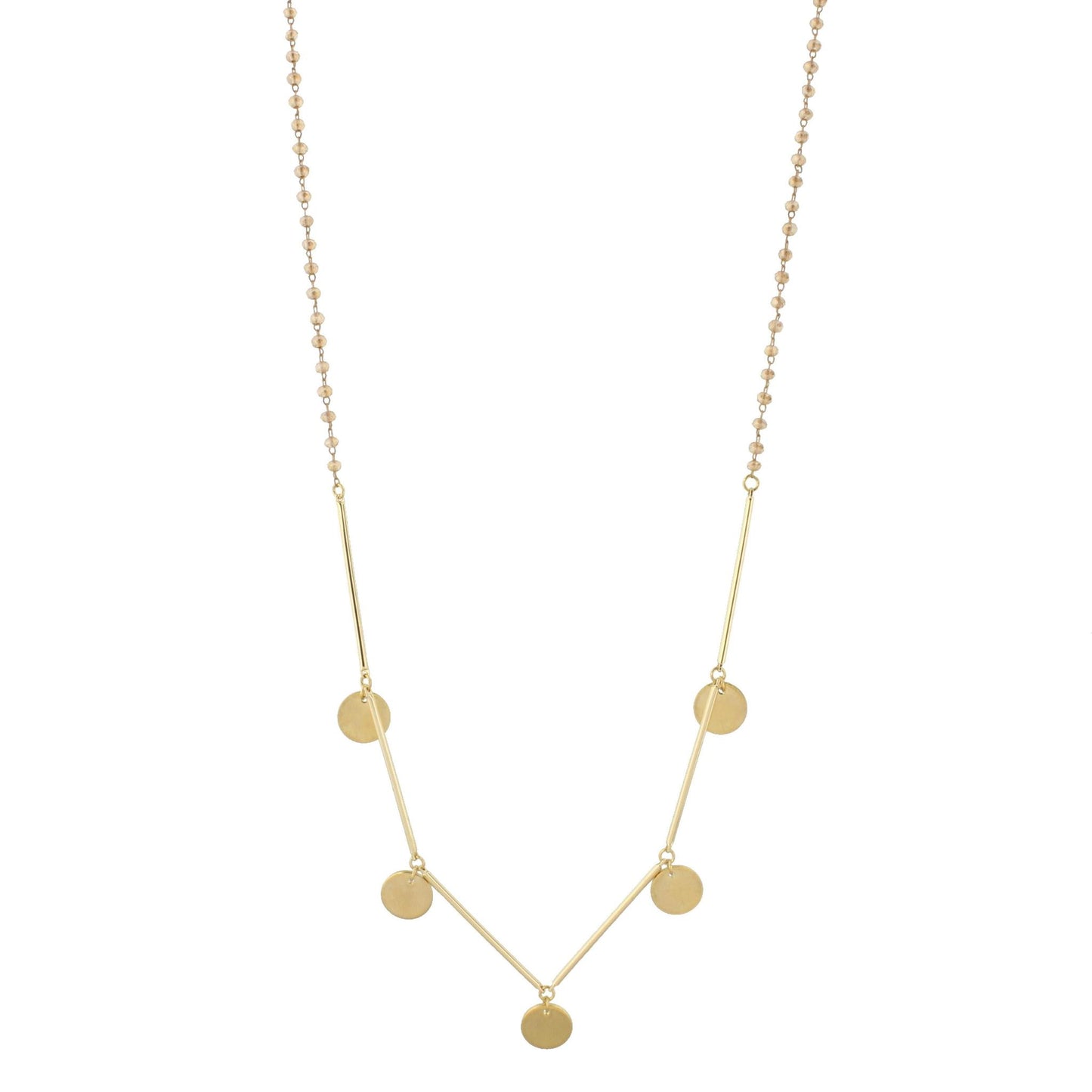 30" Delicate Champagne Beaded Necklace with Gold Metal Disk Accents, 3" Ext