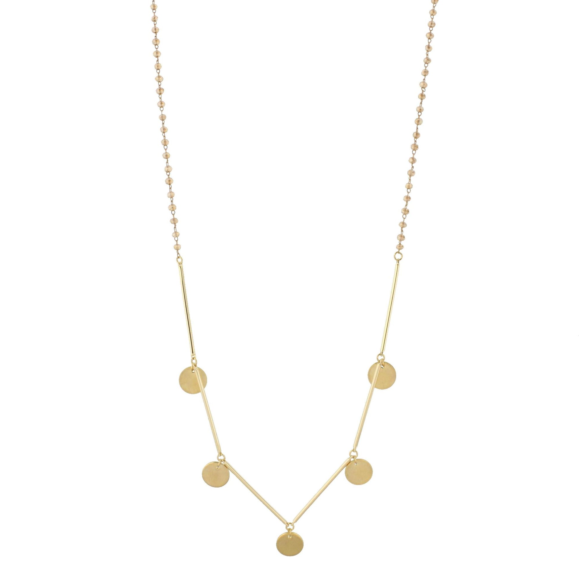 30" Delicate Champagne Beaded Necklace with Gold Metal Disk Accents, 3" Ext