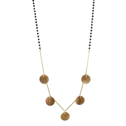 30" Delicate Jet Beaded Necklace with Shell Disk Accents, 3" Ext