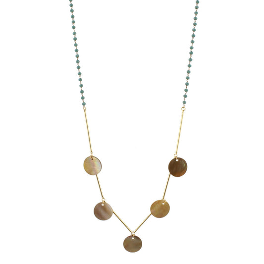 30" Delicate Mint Blue Beaded Necklace with Shell Disk Accents, 3" Ext