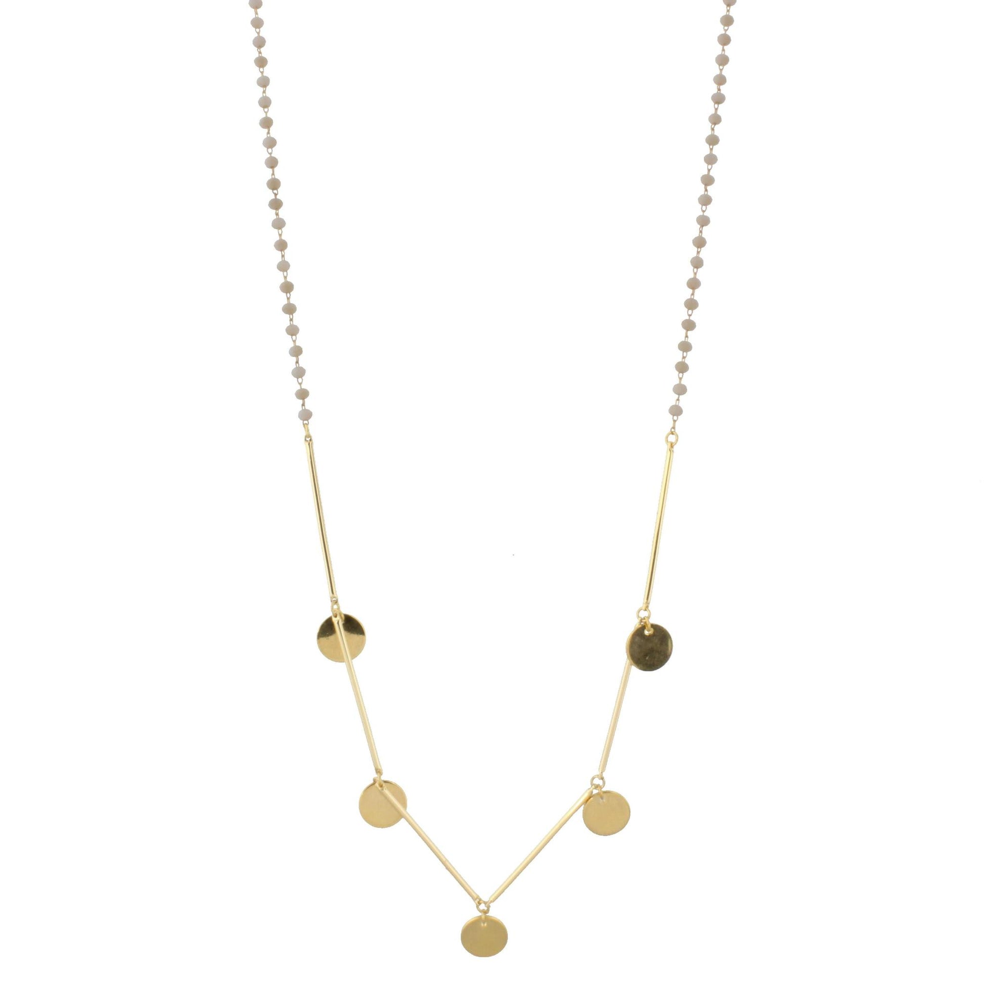 30" Delicate Matte Light Grey Beaded Necklace with Gold Metal Disk Accents, 3" Ext