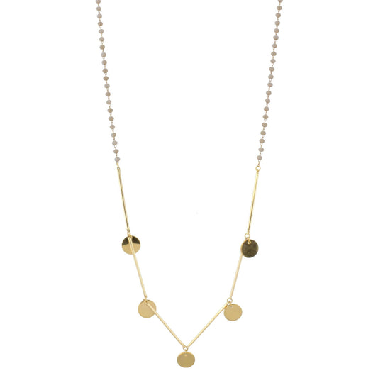 30" Delicate Matte Light Grey Beaded Necklace with Gold Metal Disk Accents, 3" Ext