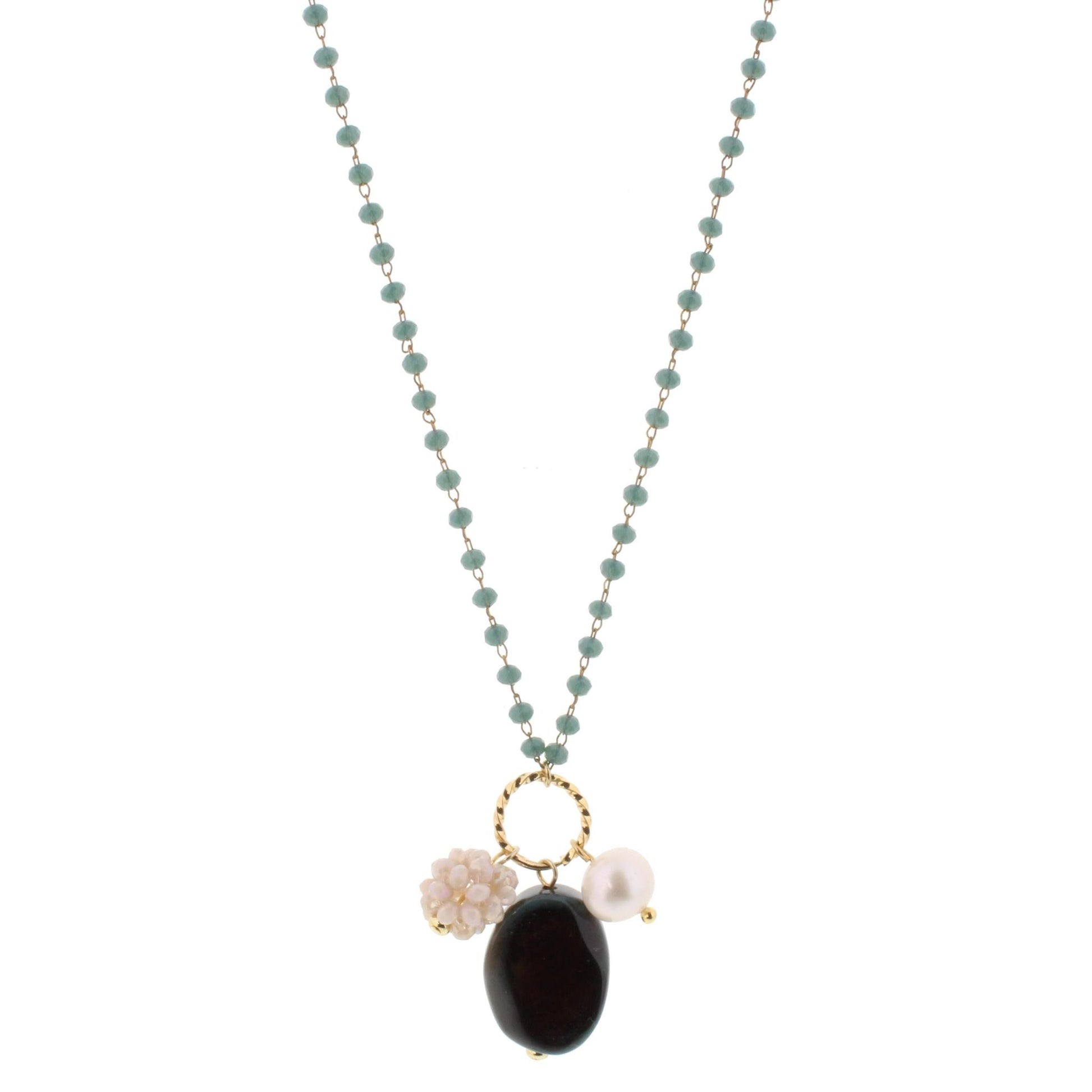 22" Delicate Mint Blue Linked Necklace with Brown/Blue Agate, Freshwater Pearl, Cream Crystal Ball, 3" Ext,