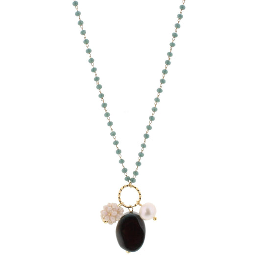 22" Delicate Mint Blue Linked Necklace with Brown/Blue Agate, Freshwater Pearl, Cream Crystal Ball, 3" Ext,