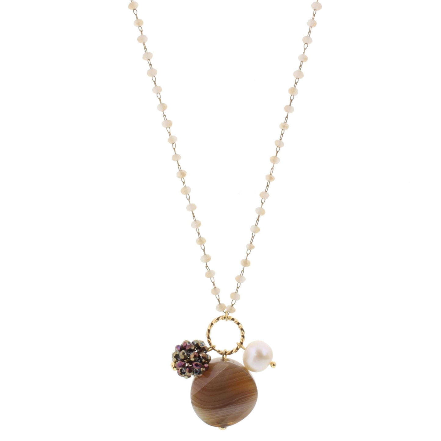 22" Delicate Natural Linked Necklace with Brown Agate, Freshwater Pearl, Bronze Crystal Ball, 3" Ext