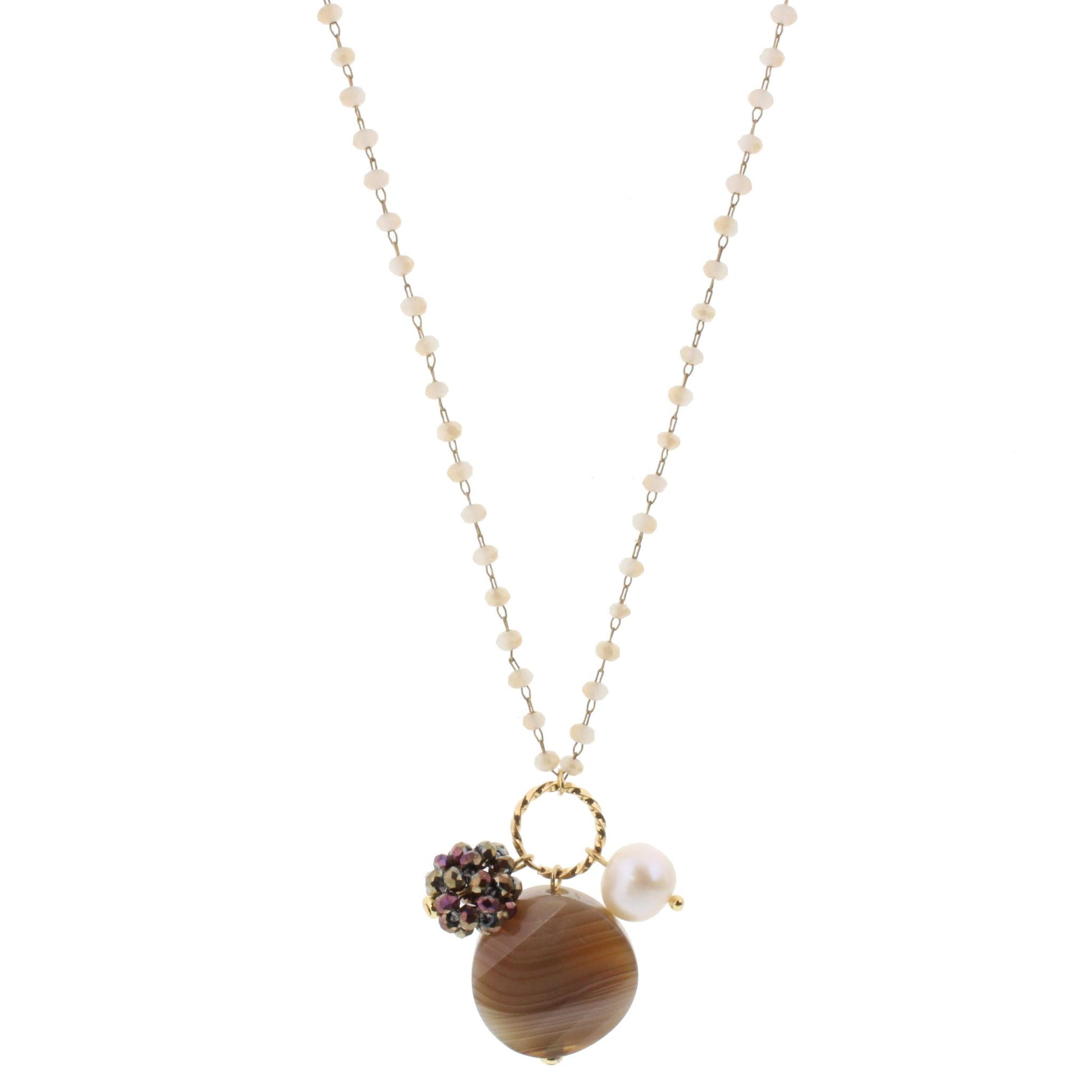 22" Delicate Natural Linked Necklace with Brown Agate, Freshwater Pearl, Bronze Crystal Ball, 3" Ext