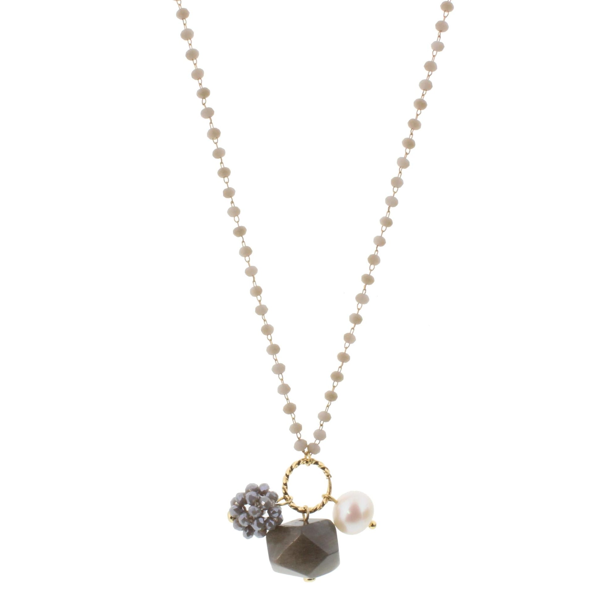22" Delicate Grey Linked Necklace with Grey Gemstone, Freshwater Pearl, Grey Crystal Ball, 3" Ext