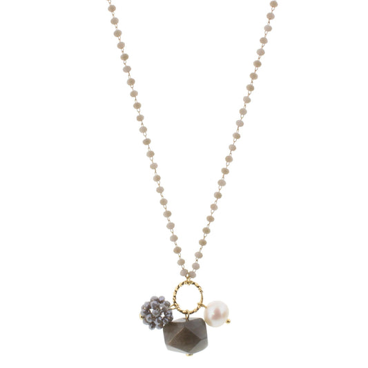22" Delicate Grey Linked Necklace with Grey Gemstone, Freshwater Pearl, Grey Crystal Ball, 3" Ext