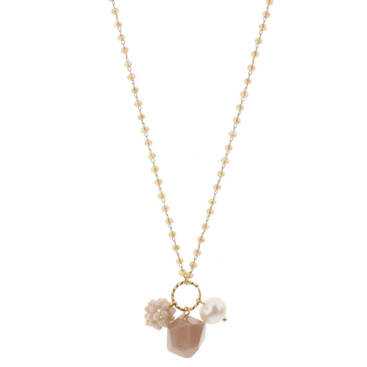 22" Delicate Champagne Linked Necklace with Peach Agate, Freshwater Pearl, Cream Crystal Ball, 3" Ext