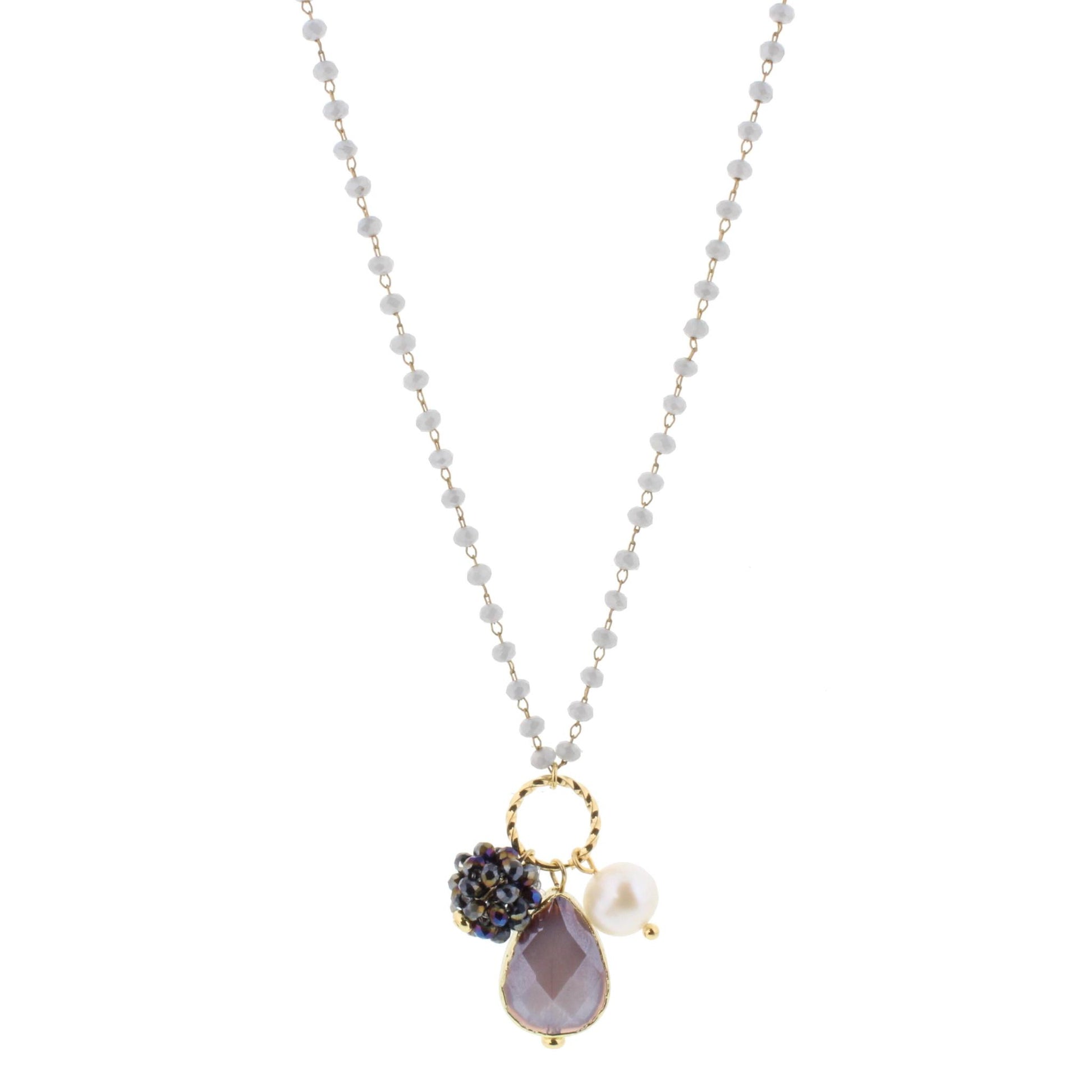 22" Delicate Grey Linked Necklace with Purple Teardrop Agate, Freshwater Pearl, Purple Crystal Ball, 3" Ext
