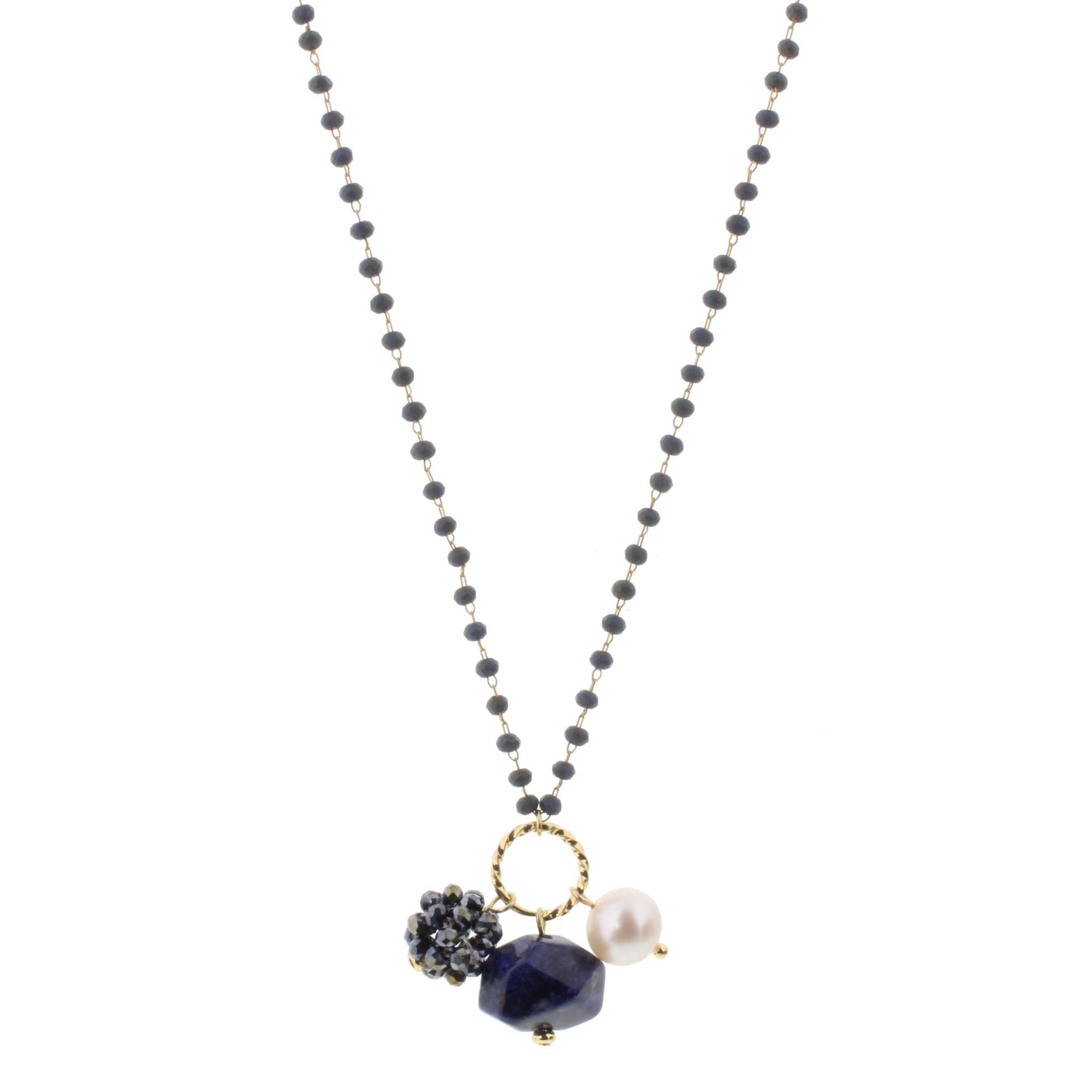 22" Delicate Matte Blue Linked Necklace with Sodalite Gemstone, Freshwater Pearl, Matte Blue Crystal Ball, 3" Ext