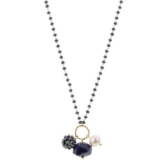 22" Delicate Matte Blue Linked Necklace with Sodalite Gemstone, Freshwater Pearl, Matte Blue Crystal Ball, 3" Ext