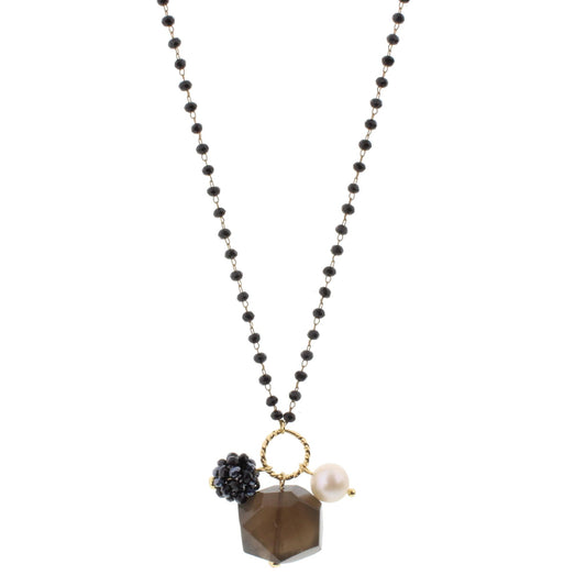 22" Delicate Jet Linked Necklace with Smokey Quartz Agate, Freshwater Pearl, Metalic Navy Crystal Ball, 3" Ext