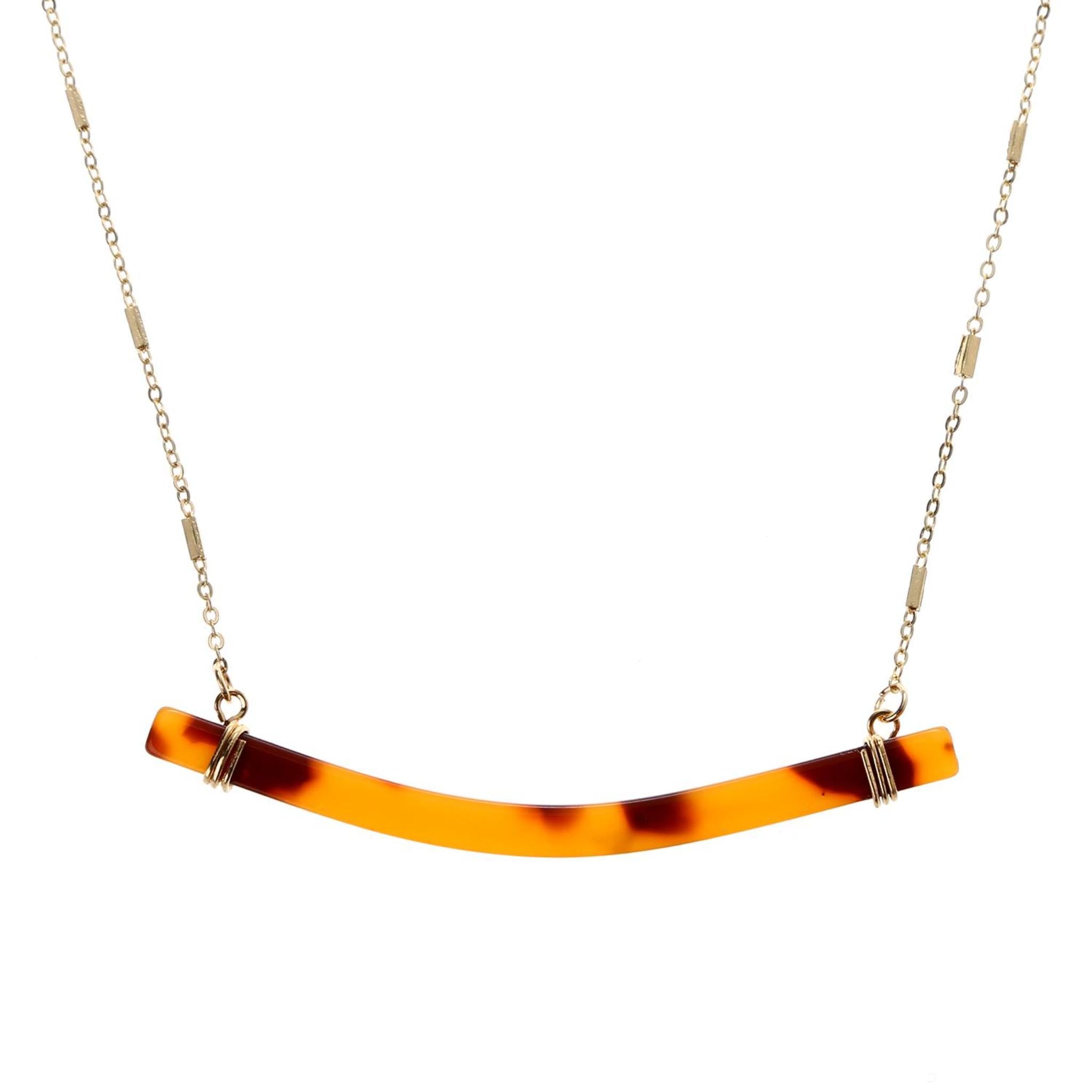 14" Gold Chain Necklace with Brown Curved Resin Bar, 3" Ext