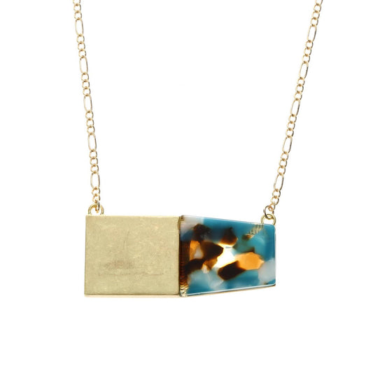 14" Chain Necklace with Half Brown/Blue/White Resin Rectangle, 3" Ext