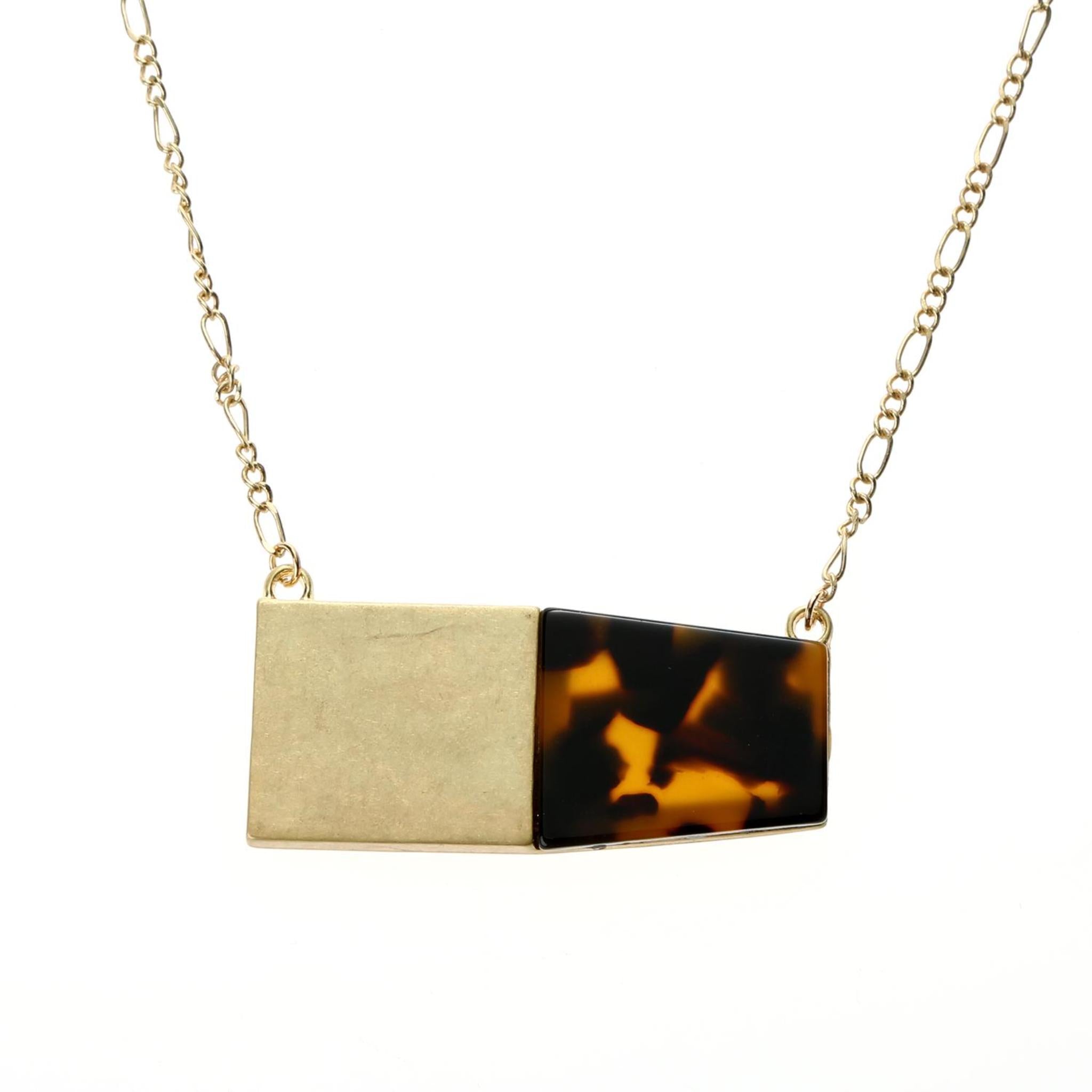 14" Chain Necklace with Half Tortoise Resin Rectangle , 3" Ext