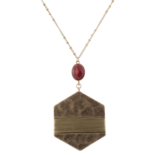 32" Hexagon Necklace with Burgundy Stone, 3" Ext