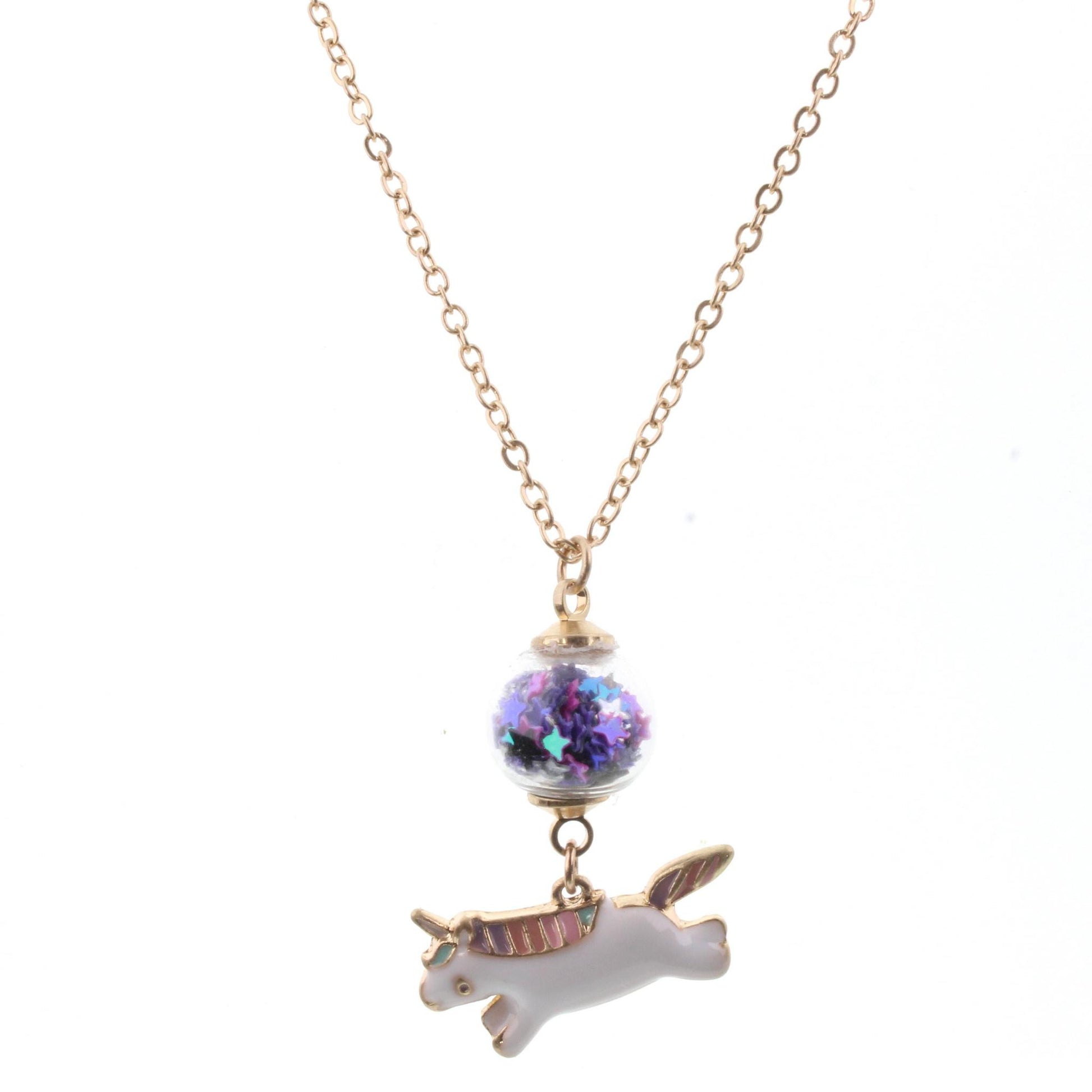 16" Kids Chain Necklace with Purple Confetti Ball Unicorn, 3" Ext