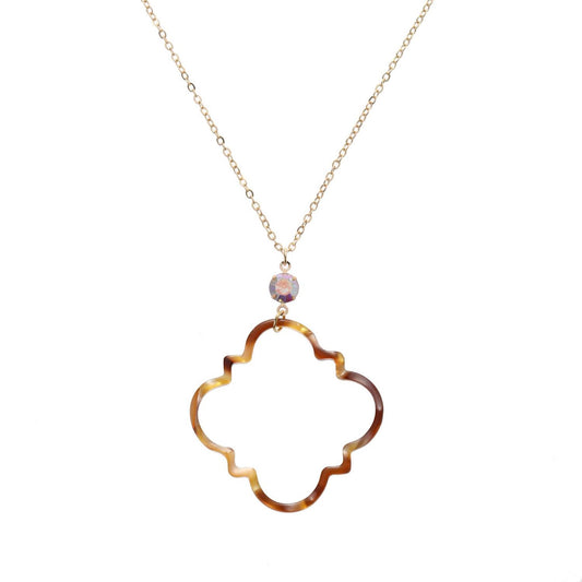 32" Gold Chain Necklace with Open Brown Multi Resin Ornate Shape with AB Stone, 3" Ext