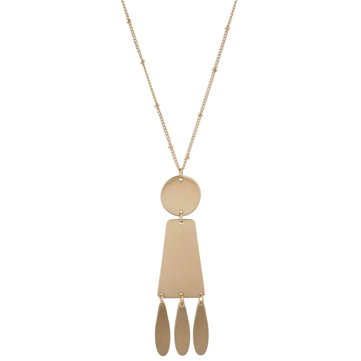 24" Adjustable Necklace with Two Sided, Brushed and Shiny, Gold Circle, Trapezoid, 3 Teardrop Dangles