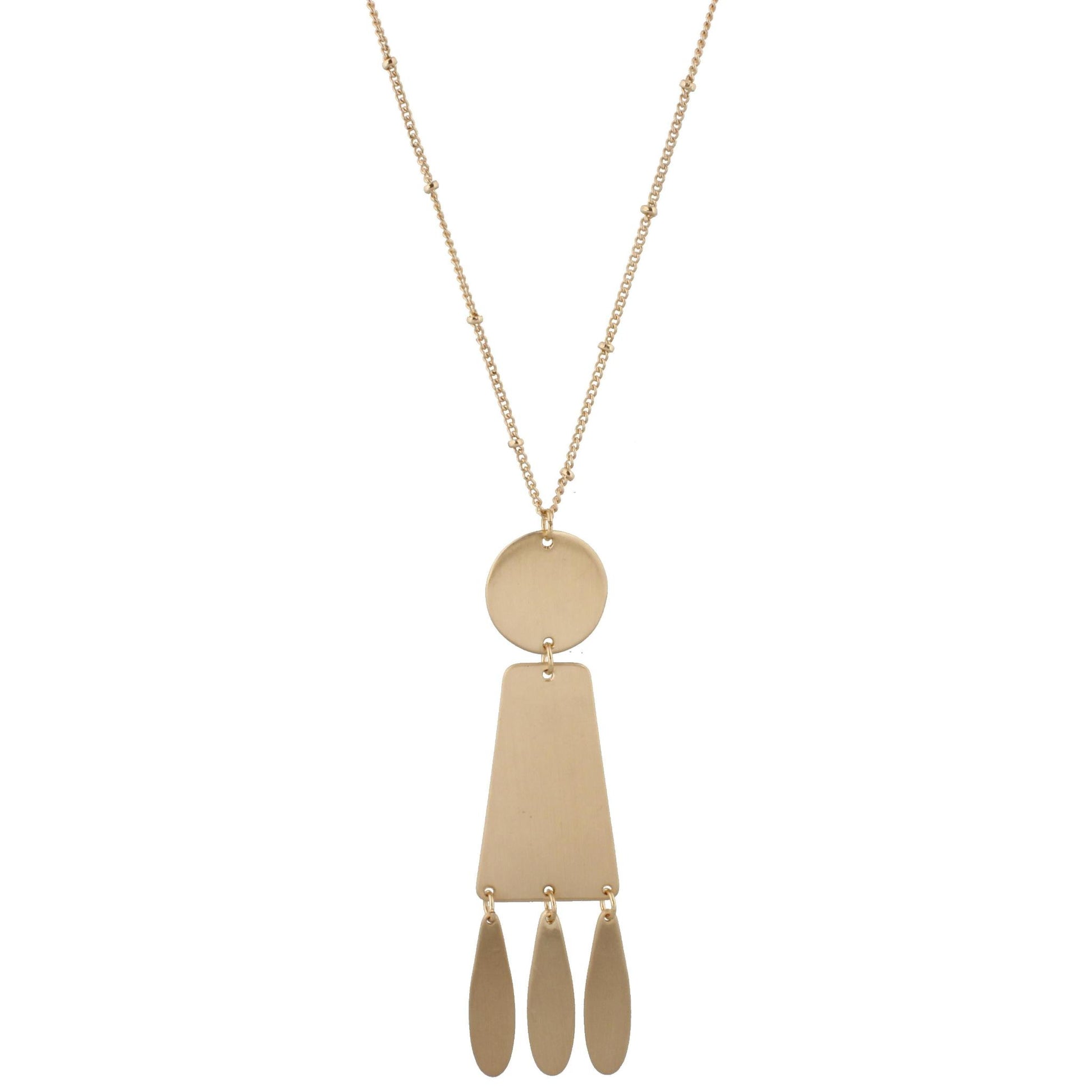 24" Adjustable Necklace with Two Sided, Brushed and Shiny, Gold Circle, Trapezoid, 3 Teardrop Dangles