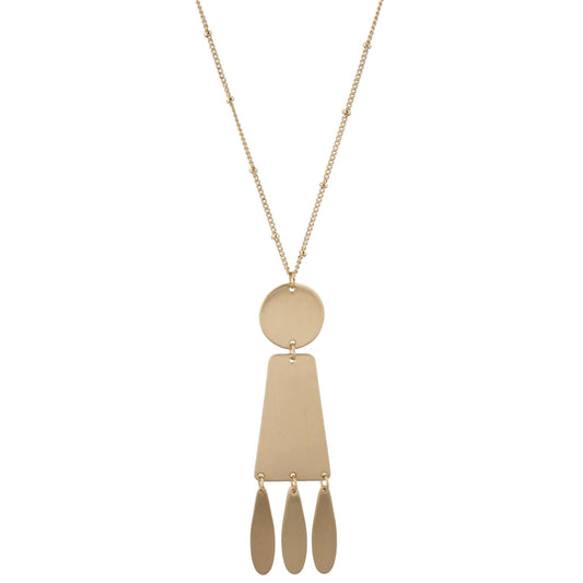 24" Adjustable Necklace with Two Sided, Brushed and Shiny, Gold Circle, Trapezoid, 3 Teardrop Dangles