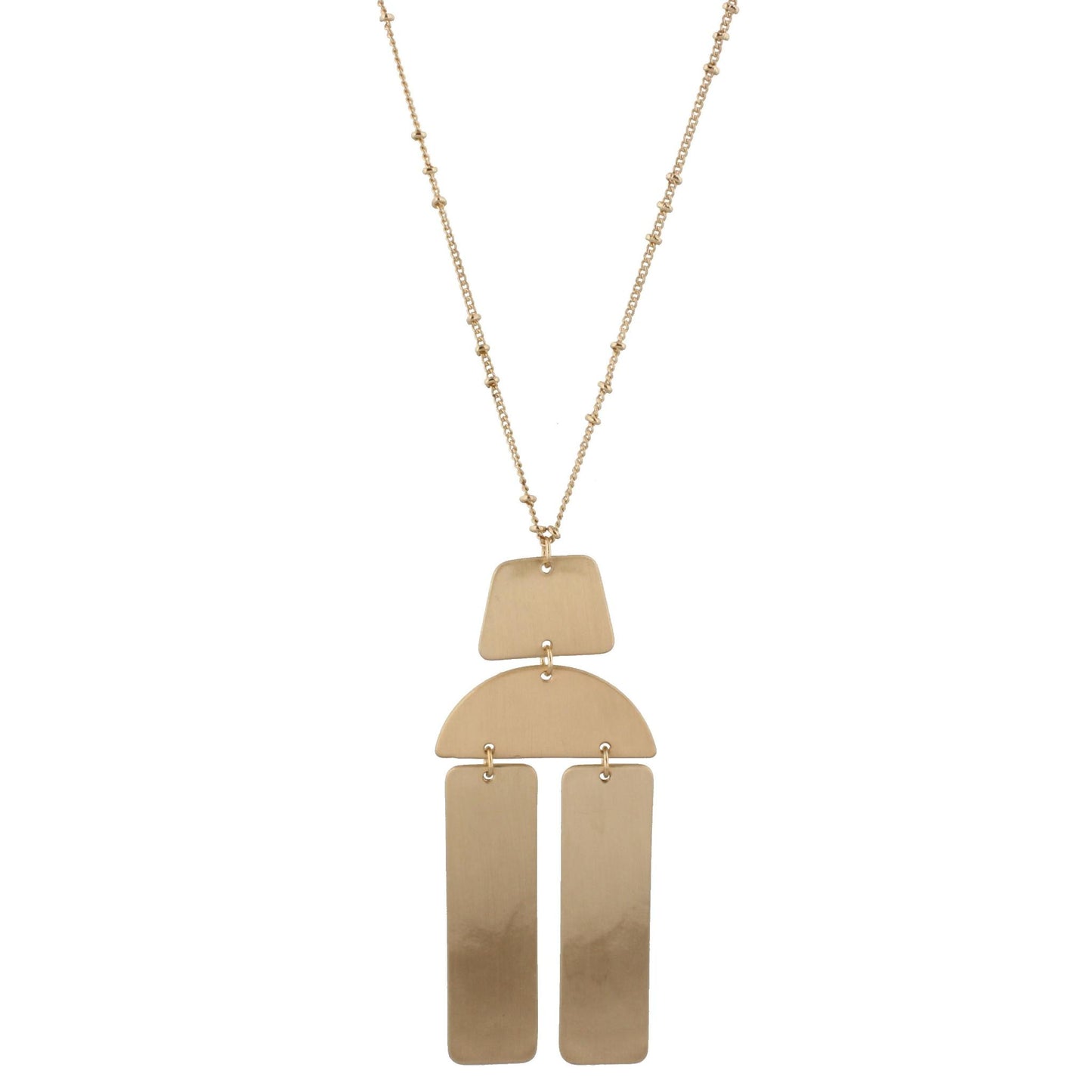 24" Adjustable Necklace with Two Sided, Brushed and Shiny, Gold Trapezoid, Half Circle, Two Rectangles
