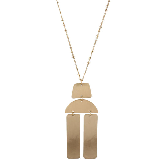 24" Adjustable Necklace with Two Sided, Brushed and Shiny, Gold Trapezoid, Half Circle, Two Rectangles