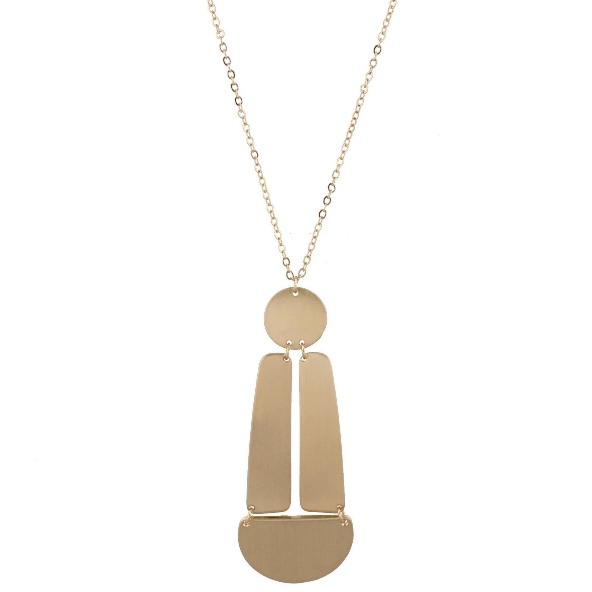 24" Adjustable Necklace with Two Sided, Brushed and Shiny, Gold Circle, Gold Rectangles, Gold Half Circle
