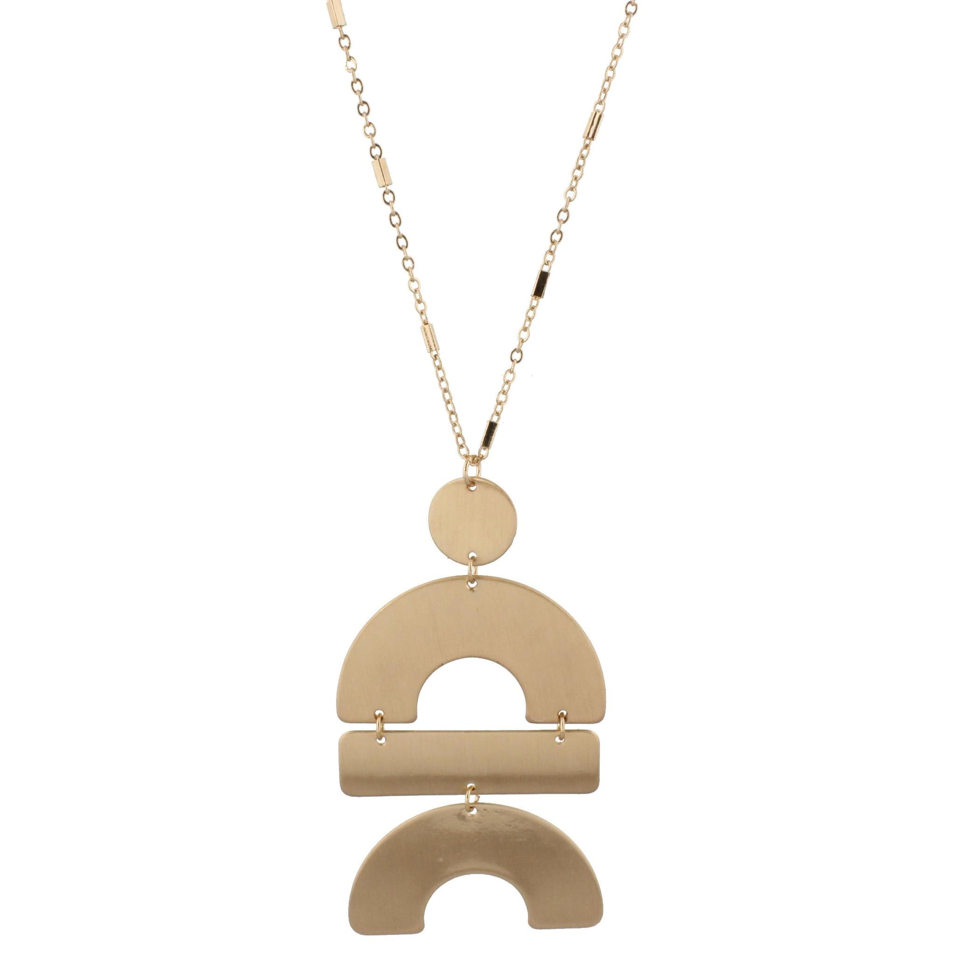 24" Adjustable Necklace with Two Sided, Brushed and Shiny, Gold Half Circle, Rectangle, Half Circle
