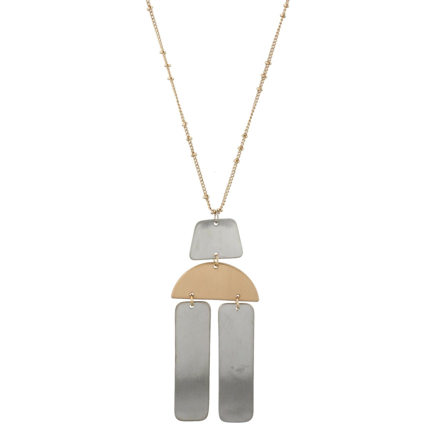 24" Adjustable Necklace with Two Sided, Brushed and Shiny, Silver Trapezoid, Gold Half Circle, Silver Two Rectangles