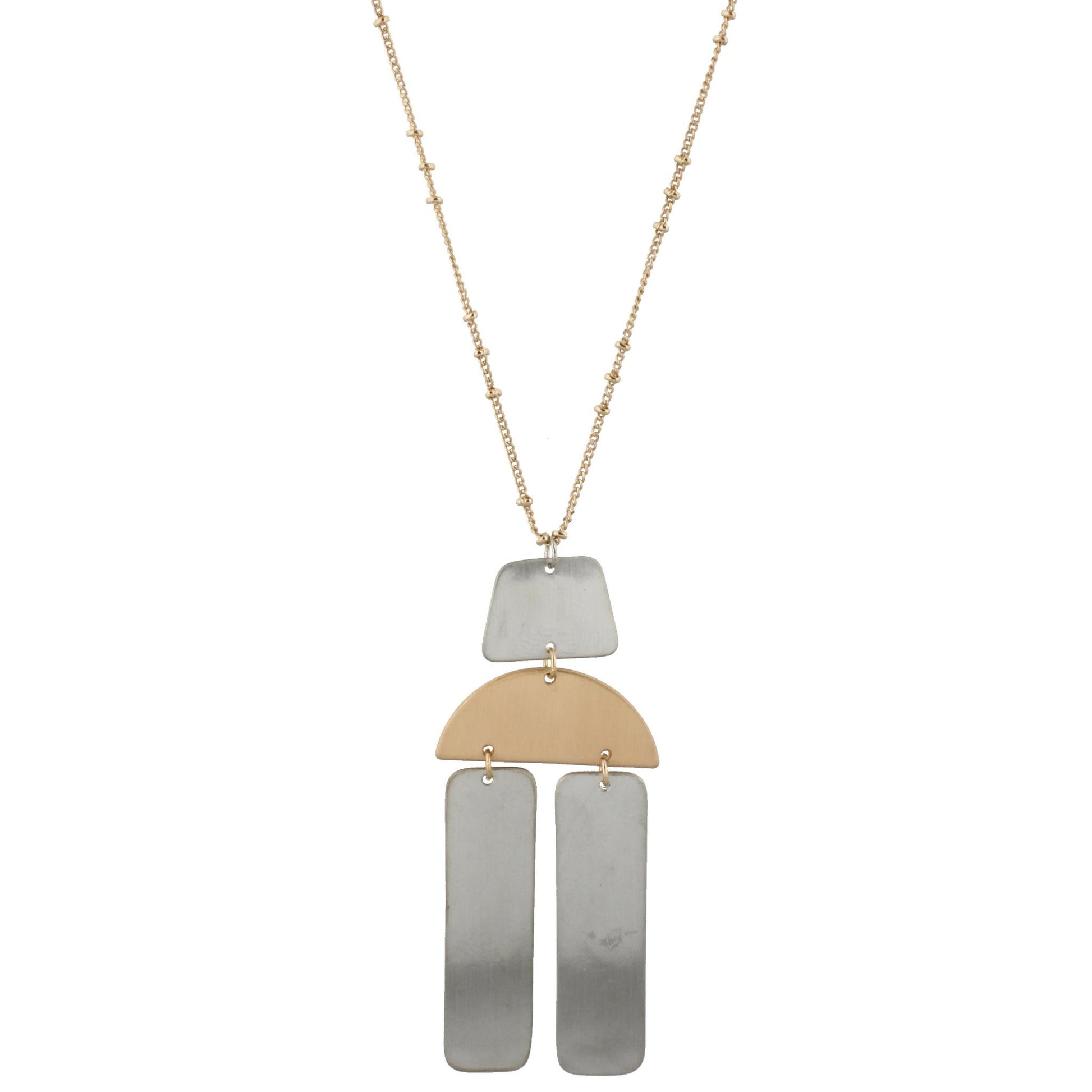 24" Adjustable Necklace with Two Sided, Brushed and Shiny, Silver Trapezoid, Gold Half Circle, Silver Two Rectangles