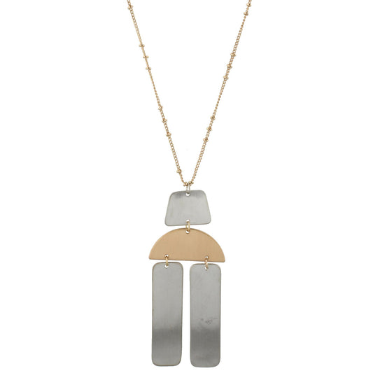 24" Adjustable Necklace with Two Sided, Brushed and Shiny, Silver Trapezoid, Gold Half Circle, Silver Two Rectangles
