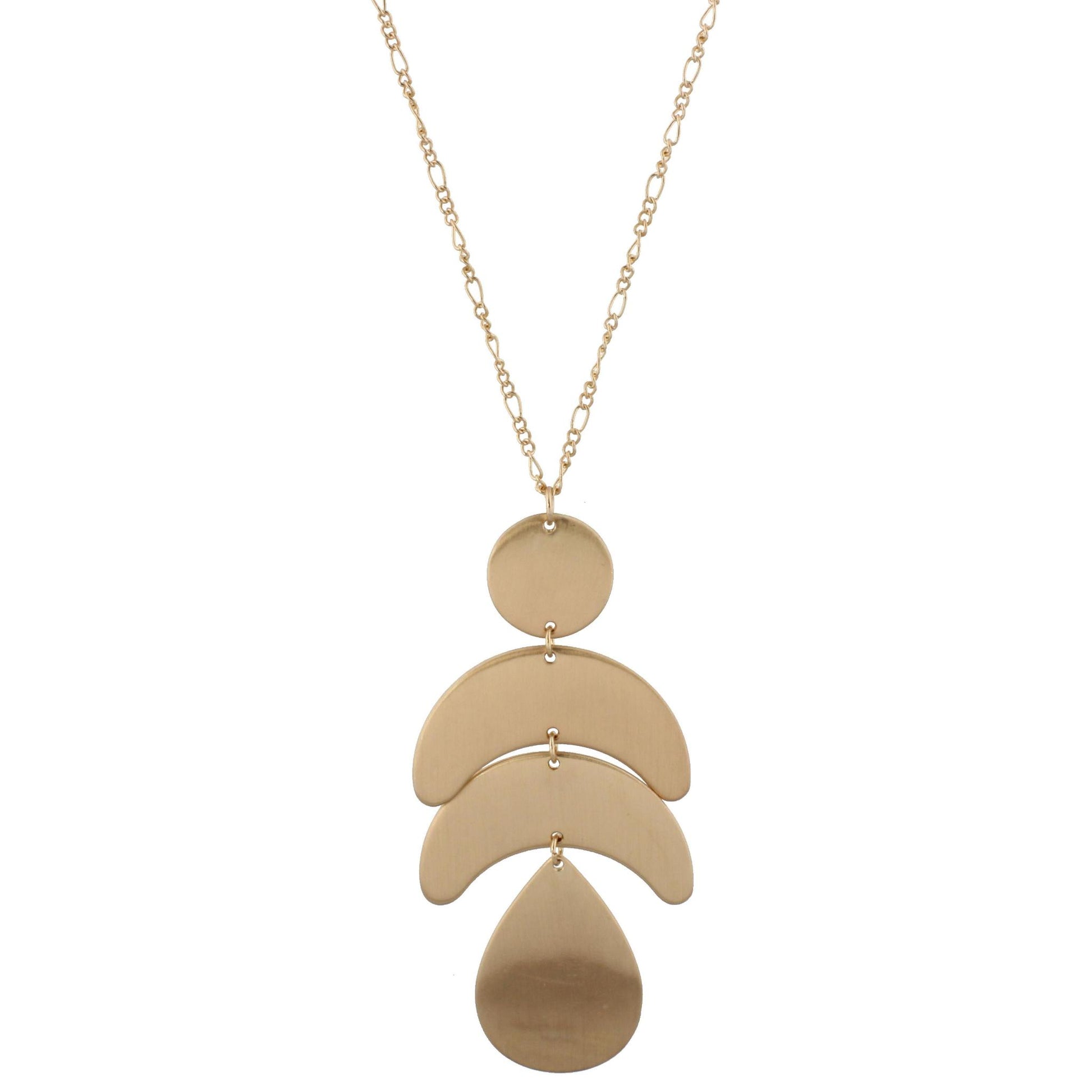 24" Adjustable Necklace with Two Sided, Brushed and Shiny, Gold Circle, Two Gold Crescents, GOld Teardrop
